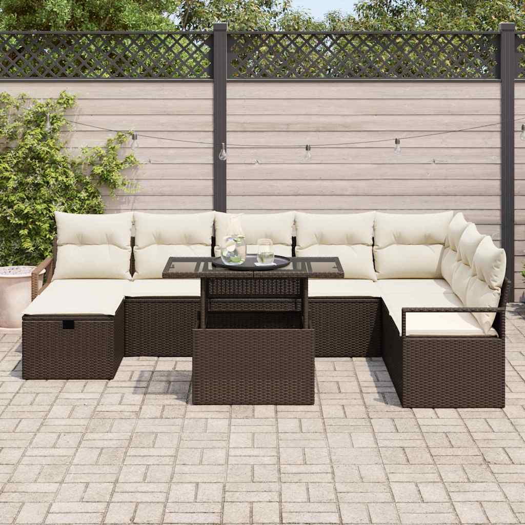 Garten-Sofa-Set mit Kissen mit Speicher 9 pcs Braun Poly Rattan